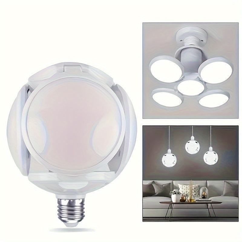 Flexible LED light bulb with fan blade design, suitable for home and garage decor.