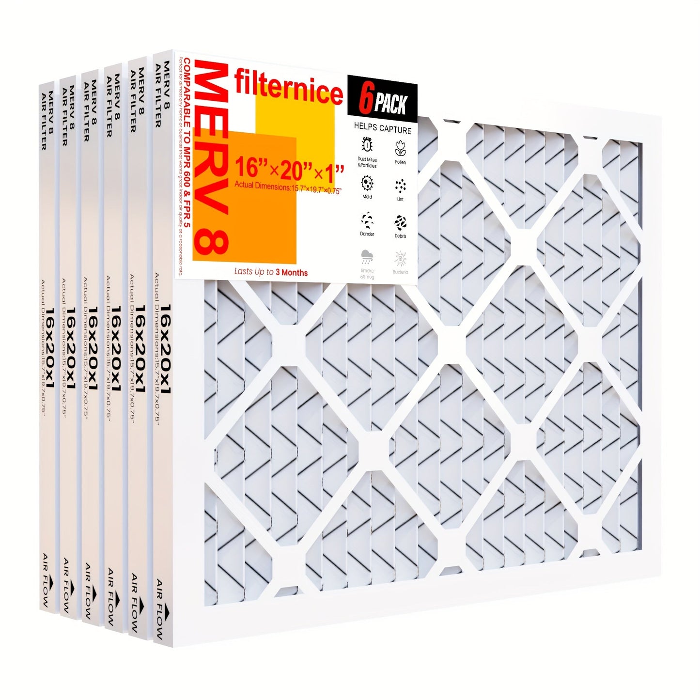 Six-Pack of 40.64x50.8x2.54 cm Electrostatic Pleated Air Filters for HVAC AC and Furnace, available in MERV8, MERV11, and MERV13. Essential Air Conditioner Accessories