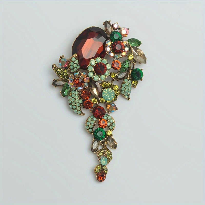 Retro-Style Oversized Crystal Glass Brooch - Elegant Alloy and Rhinestone Lapel Pin for Women's Fashion Ensemble