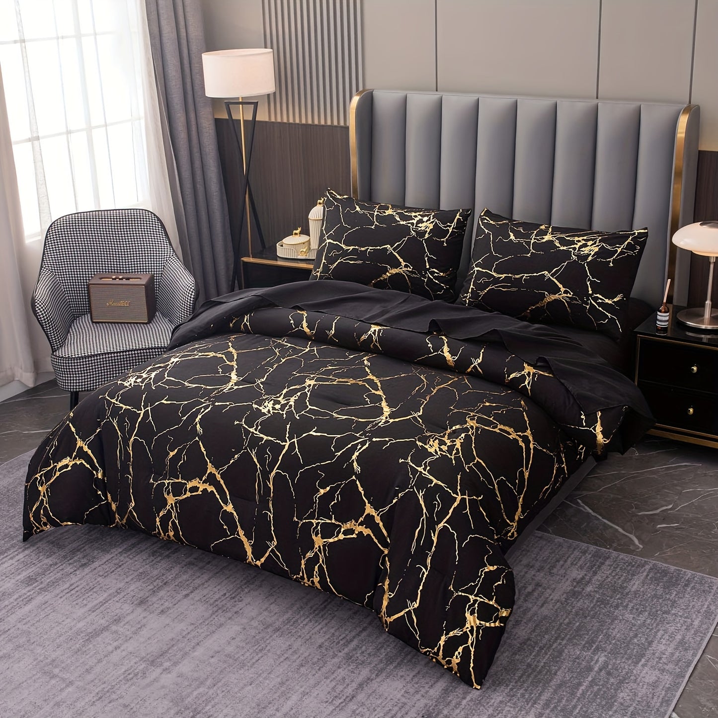 2/3 piece luxury comforter set with bronzing marble print. Soft, comfortable, and skin-friendly for bedroom or guest room. Includes 1 comforter and 1 or 2 pillowcases without core.