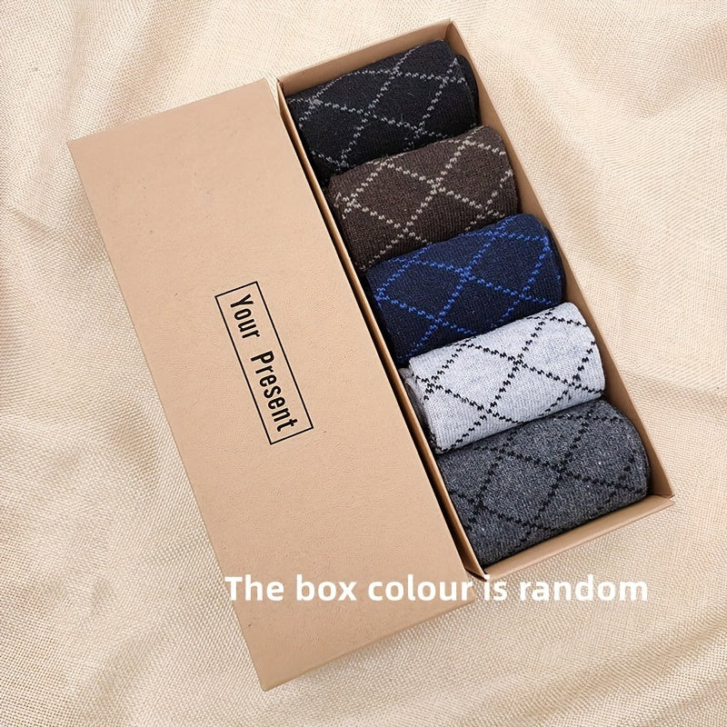 5 pairs of men's warm and comfortable wool socks, boxed for gifting.