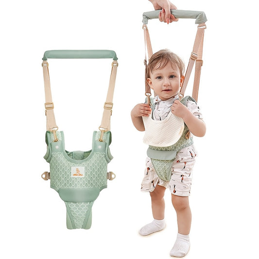 Four-season baby walking harness for infants, designed to help babies learn to walk, with vest-style carrier, handheld walking assistant, and safety belt. Available in pink, green, and