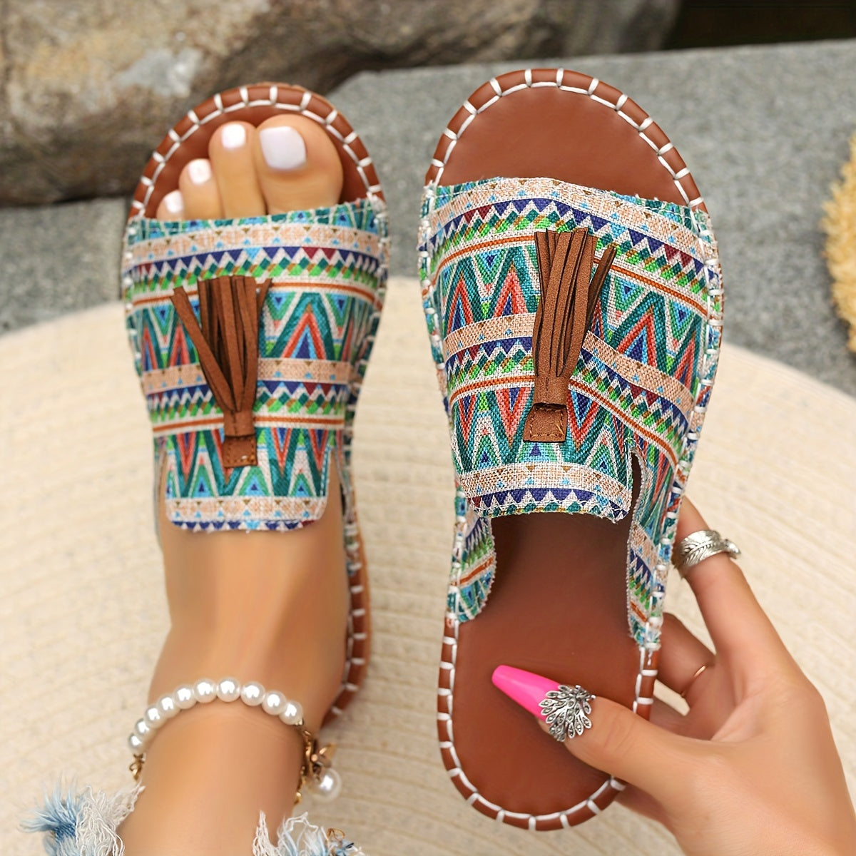 Bohemian canvas sandals with tassel and ethnic pattern, comfy slip-on slides for summer.