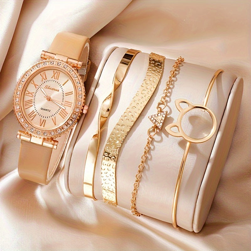 Luxurious 5-piece women's watch set with rhinestone quartz. Chic oval case with PU leather strap. Elegant gift for Mom or her. Fashionable timepiece with classic design.