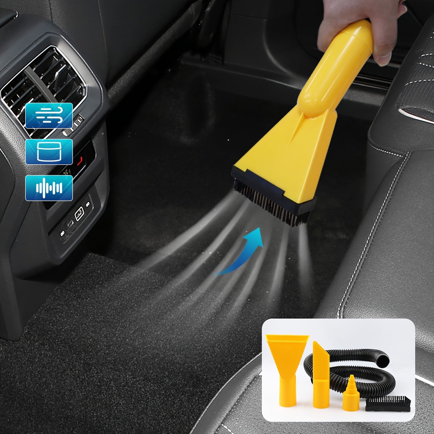 Car vacuum cleaner with suction and blowing capabilities for interior cleaning, mounted on vehicle.