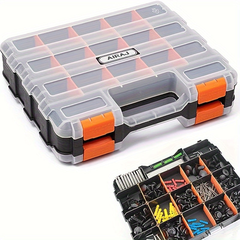 AIRAJ Double-Sided Parts Box, 34 Compartment, Black and Orange color, made of bamboo fiber and plastic, high-quality and durable, no assembly needed, uncharged, battery not included.