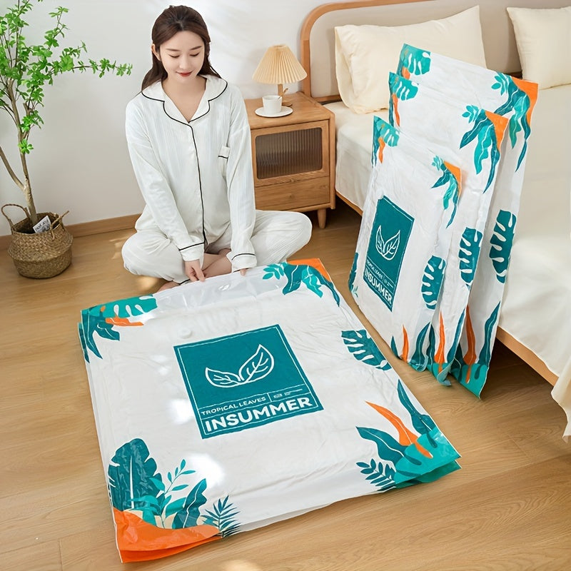 3-Pack of Heart Leaf Vacuum Storage Bags featuring a tropical leaf design. These plastic space saver bags are ideal for storing comforters, blankets, bedding, and clothing without the need for power. Also suitable for organizing accessories.