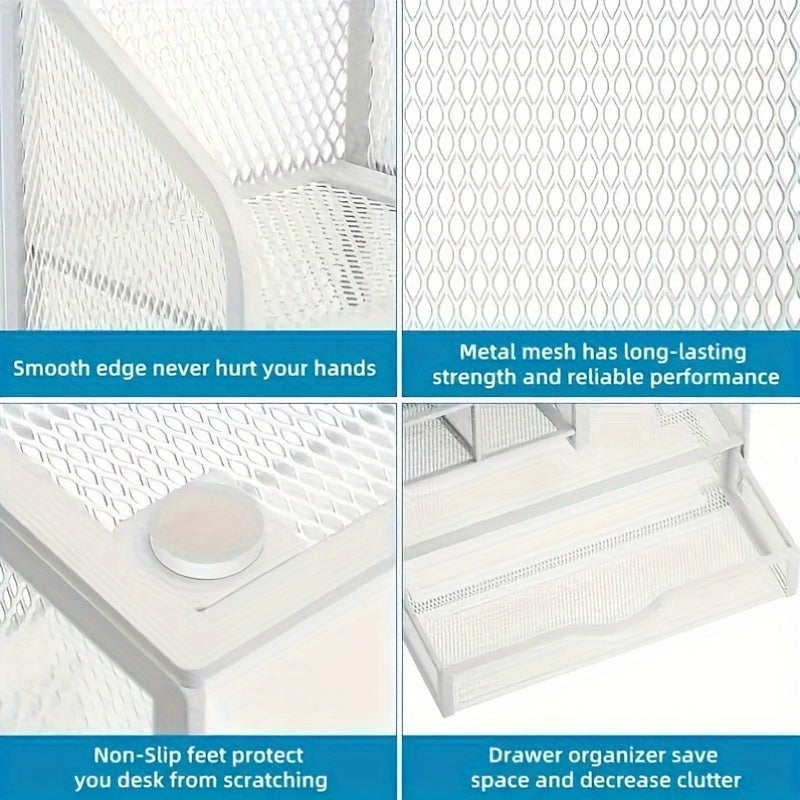 Стальной сетчатый органайзер для стола с ящиком - многофункциональный держатель для карандашей, хранение офисных художественных принадлежностей, нескользящие ножки, гладкие края, прочная металлическая сетка.