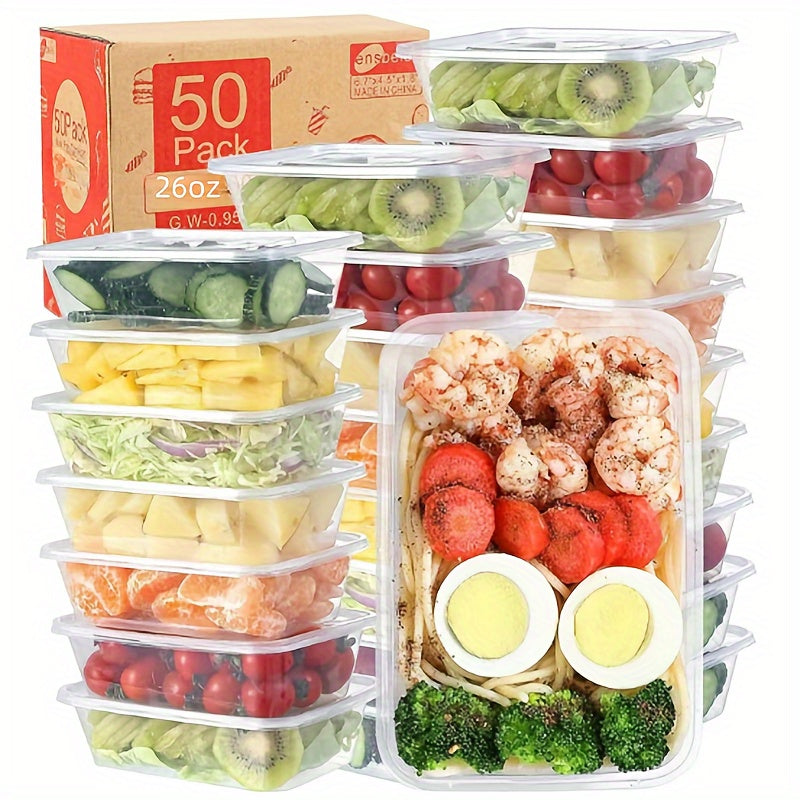 50 sets of American-style transparent lidded disposable plastic packaging boxes, ideal for fast food, takeout, and storing freshness. Can be safely used in the microwave and refrigerator.