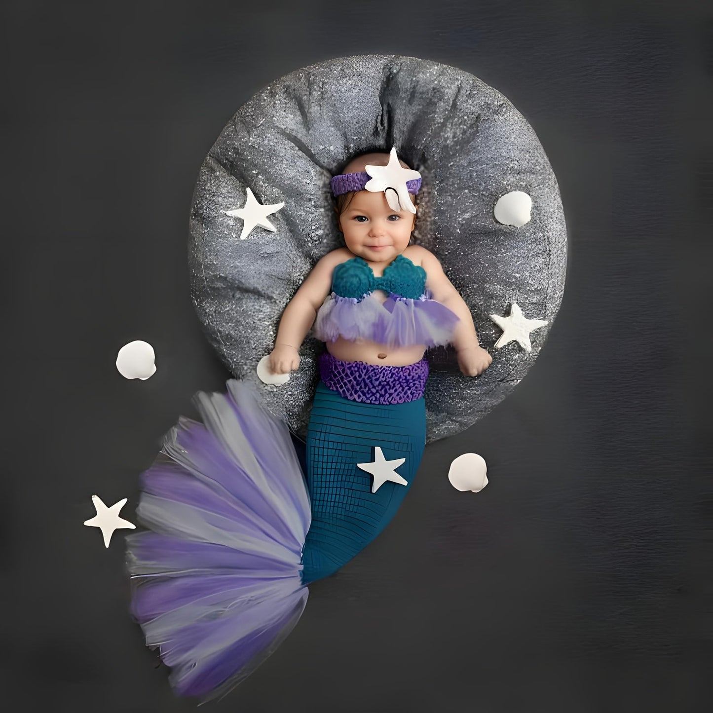 Adorable Handcrafted Crochet Mermaid Tail Photography Prop Set for Infants and Toddlers - Made with High Quality Acrylic Yarn, Comes with Adjustable Headband and Starfish Clip. Ideal for Capturing Sweet Baby Moments, Special Milestones, and Thoughtful