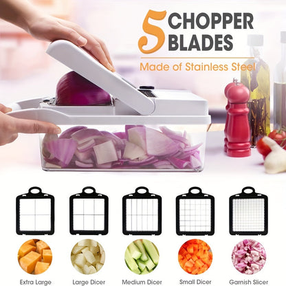 '- Kitchen Set includes 1 Vegetable Chopper, 22in1/15in1 Slicer, Manual Food Grater, and Onion Mincer Cutter
- Multifunctional design for slicing fruits and vegetables easily
- Convenient container for collecting sliced vegetables
- Household essential