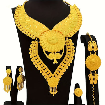 Middle Eastern Bridal Jewelry Set - Includes Arabic Style Necklace, Earrings, Rings, and Bracelets for Wedding, Fashion Shows, and Eid al-Fitr Celebrations - 4 pieces of luxury jewelry