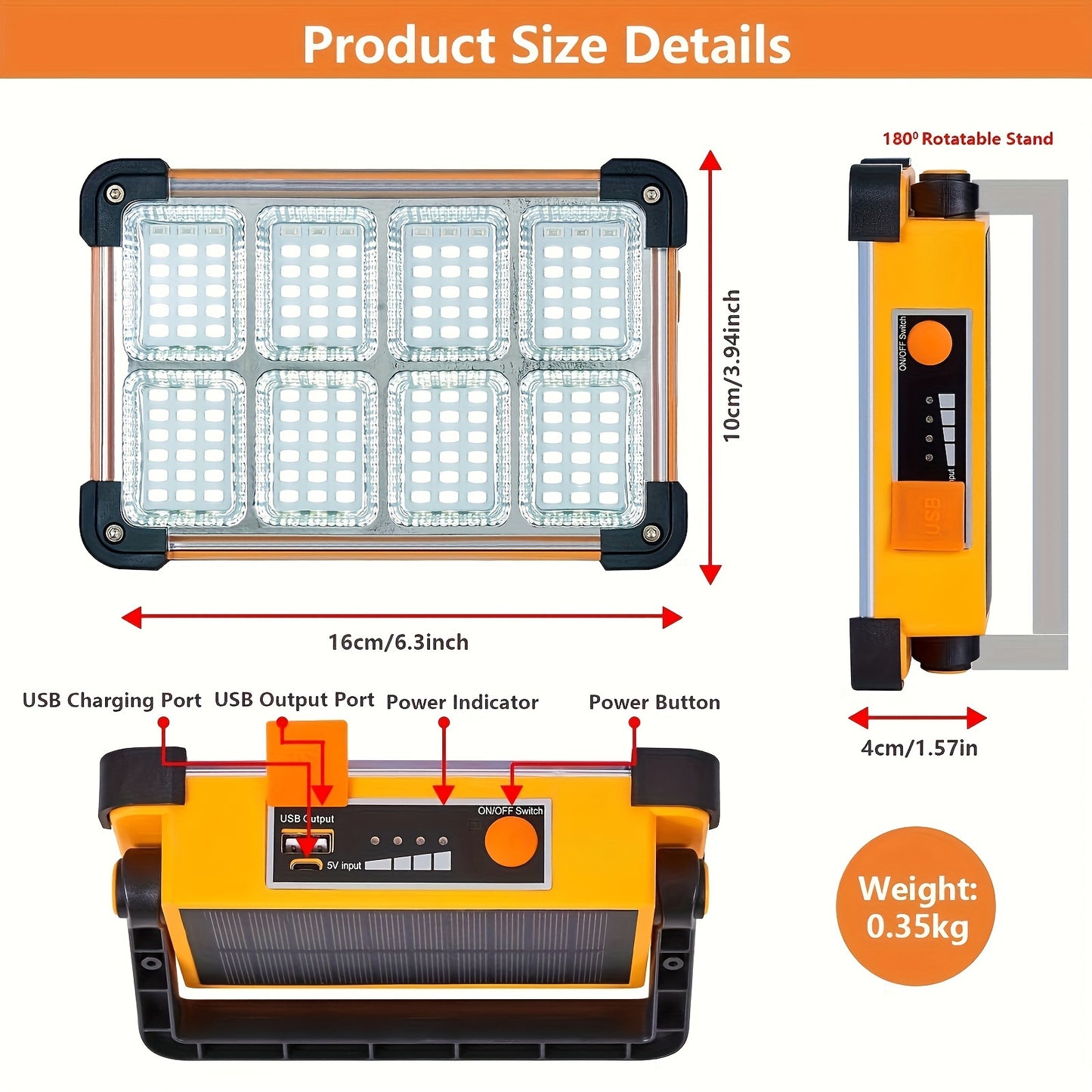 Rechargeable LED Solar Floodlight, versatile for power outage, camping, fishing. Can be charged by solar or USB.