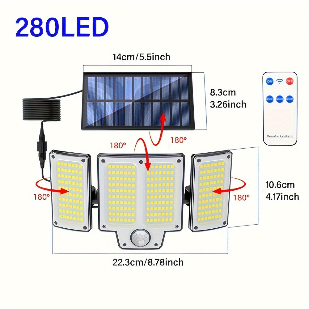 Solar floodlight with 3 heads, 280 LED lights, plastic construction, solar-powered with lithium battery, remote control, infrared sensor, 3 modes, wall-mountable, wireless, includes