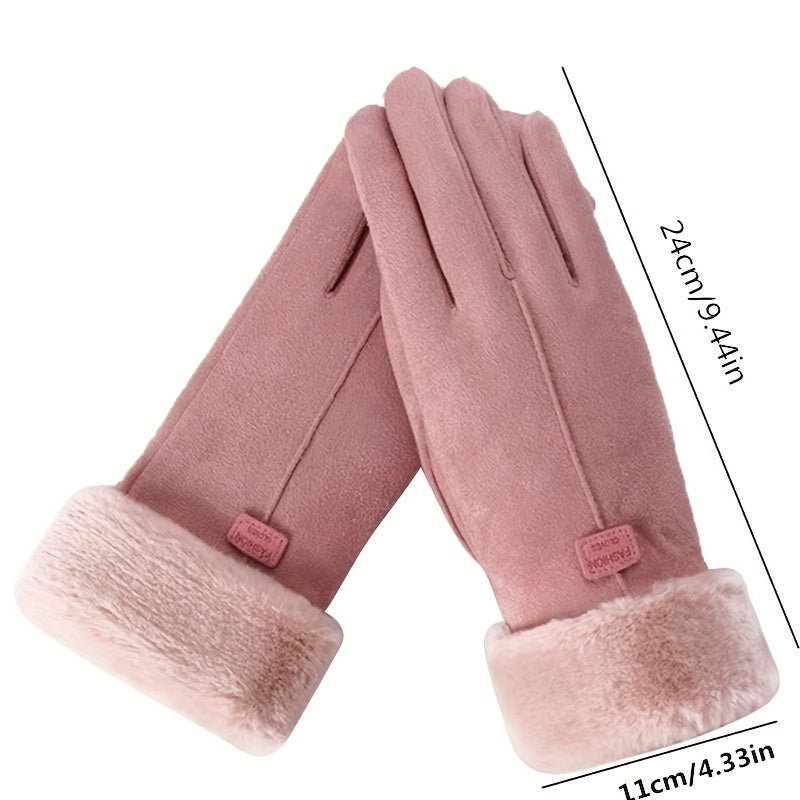 Soft Plush Cuff Suede Gloves in Solid Color with Added Velvet for Extra Warmth - Women's Autumn and Winter Gloves for Wind and Cold Protection