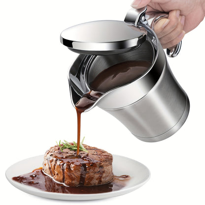 Insulated stainless steel gravy boat with hinged lid, perfect for Thanksgiving gravy or cream (450ml/16 oz).