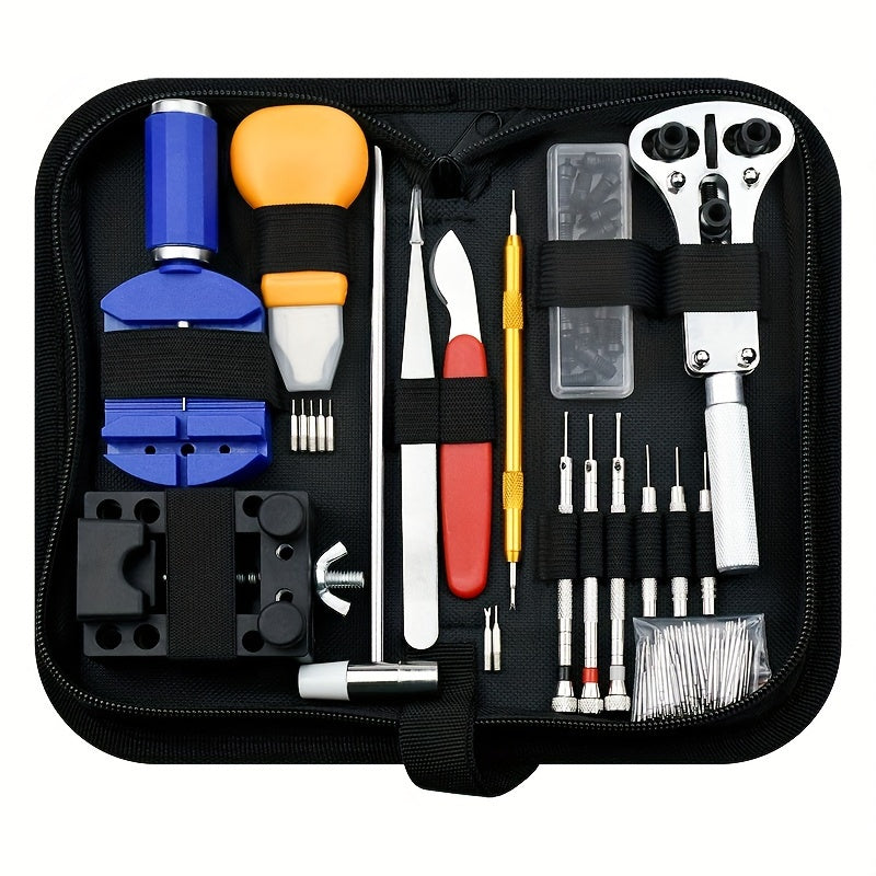 Set of 147 Watch Repair Tools Including Case Opener, Spring Bar Tool, and Carrying Pouch. Also Includes Watch Battery Replacement Assistant and Multifunctional Tool.