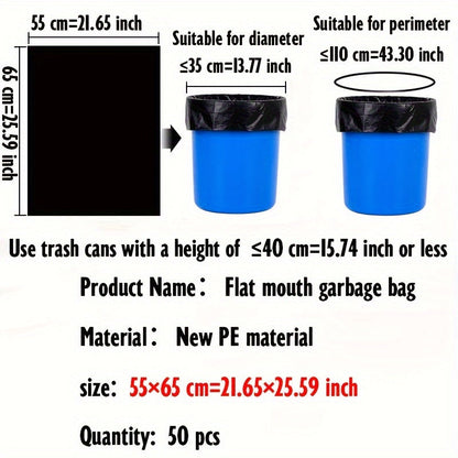 "50 dona 7-gallon va 30-gallon bir martalik chiqindi sumkalari. Ushbu qalin sumkalar ochiq havoda, sanoatda, mehmonxonada, hovlida va boshqa chiqindilarni tashlash ehtiyojlari uchun ideal."