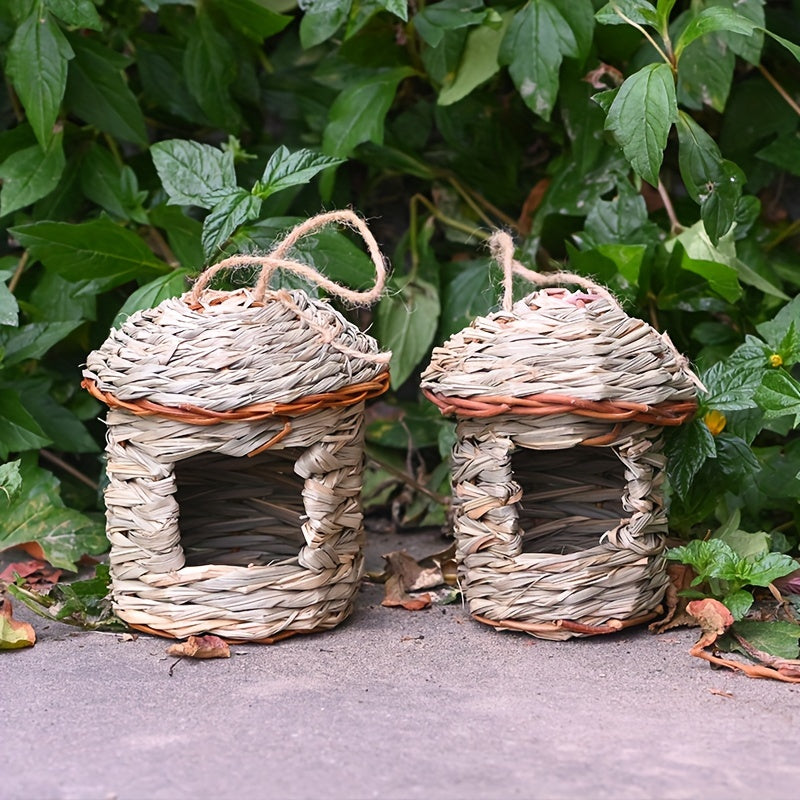 Handmade straw birdhouse for garden decor, attracts various bird species incl. toucans.