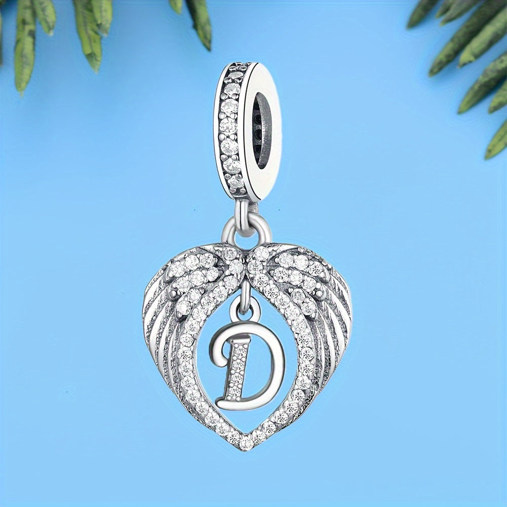 925 Sterling Silver Heart-shaped Wing Pendant with Synthetic Zircon Letter Pattern for DIY Jewelry Making, Perfect Gift Idea