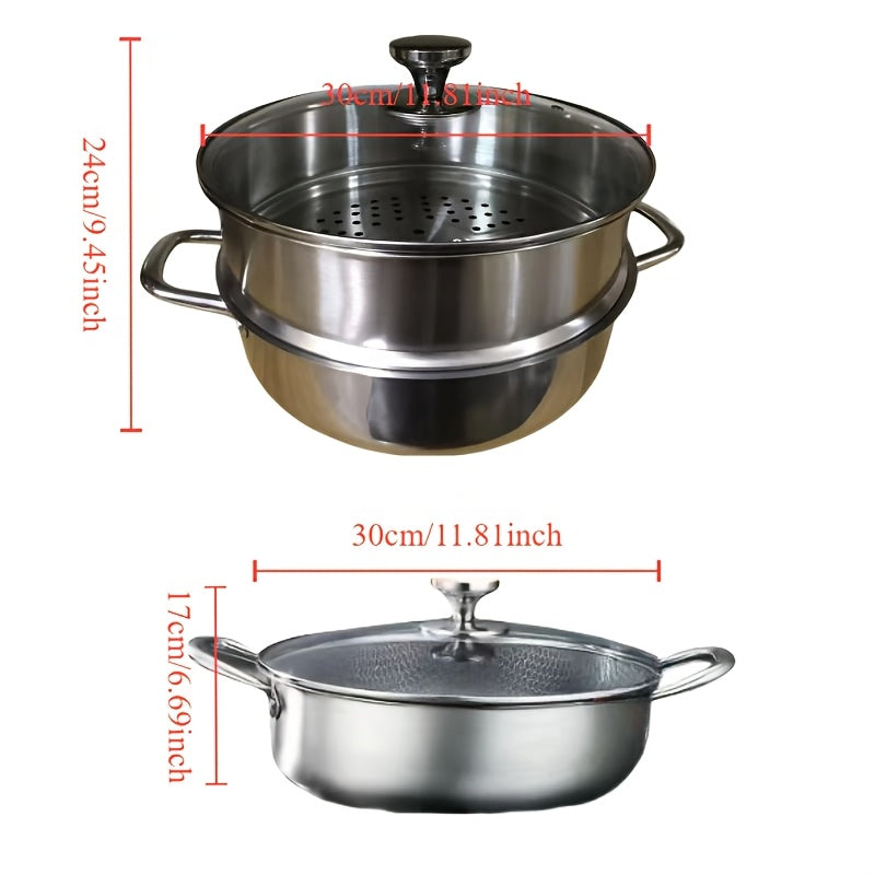 Large Stainless Steel Stock Pot with Lid - Versatile Double-Layered Design for Steaming & Cooking, Non-Stick Honeycomb Pattern, Compatible with Induction Cooktops