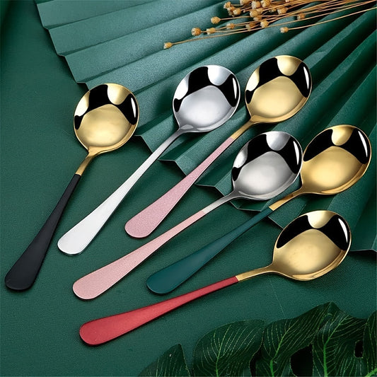 A set of 6 long-handled stainless steel spoons, ideal for coffee, desserts, and more. Comes in a variety of colors: black, green, pink, and red.