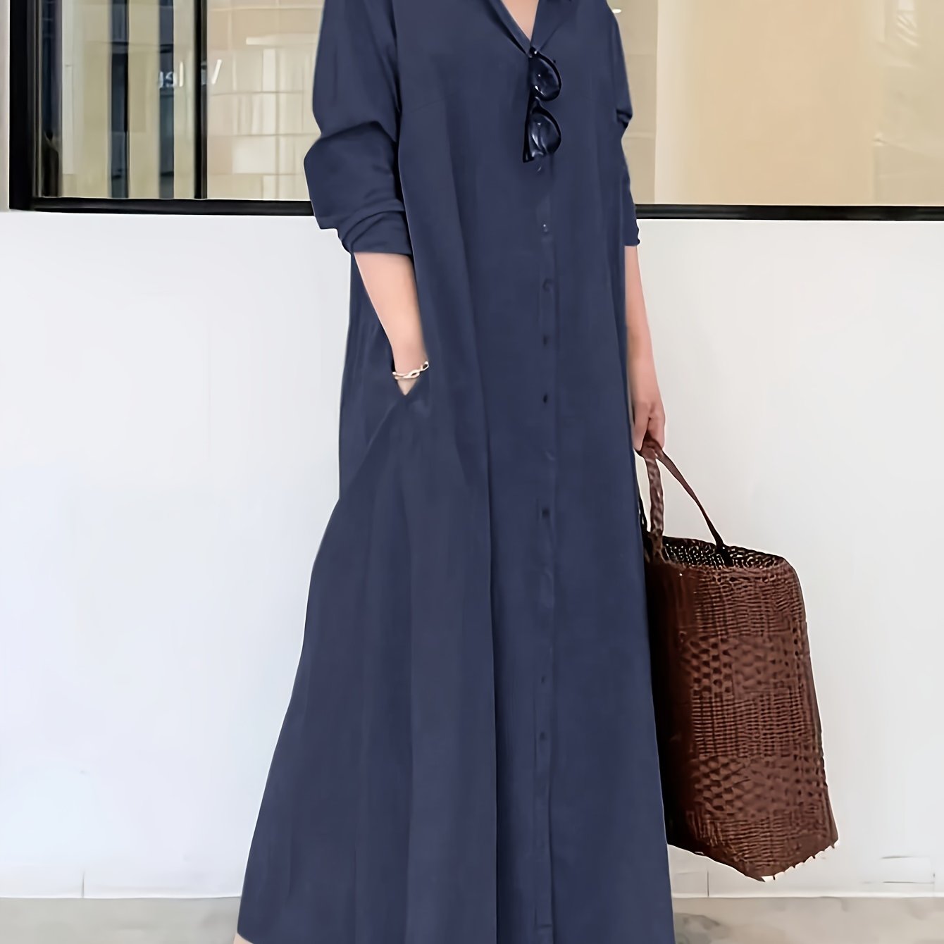 Elegant olive green maxi shirt dress in minimalist design, made from chic non-stretch polyester. Features a collar and is machine washable. Versatile for all-season wear by women.