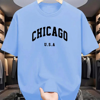 Chicago USA print men's t-shirt made of 100% polyester knit fabric. Features a casual crew neck tee with slight stretch, regular fit, and geometric pattern. Comfortable, elastic, and ideal