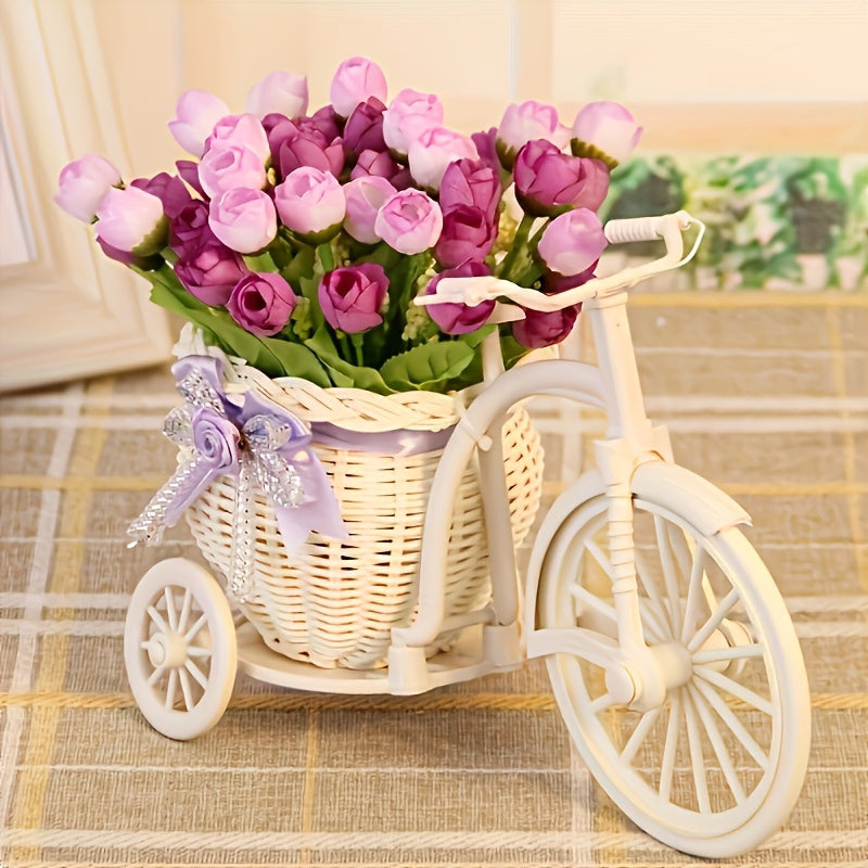 Stylish artificial flower pot on rattan cart for living room decor and supermarket displays.