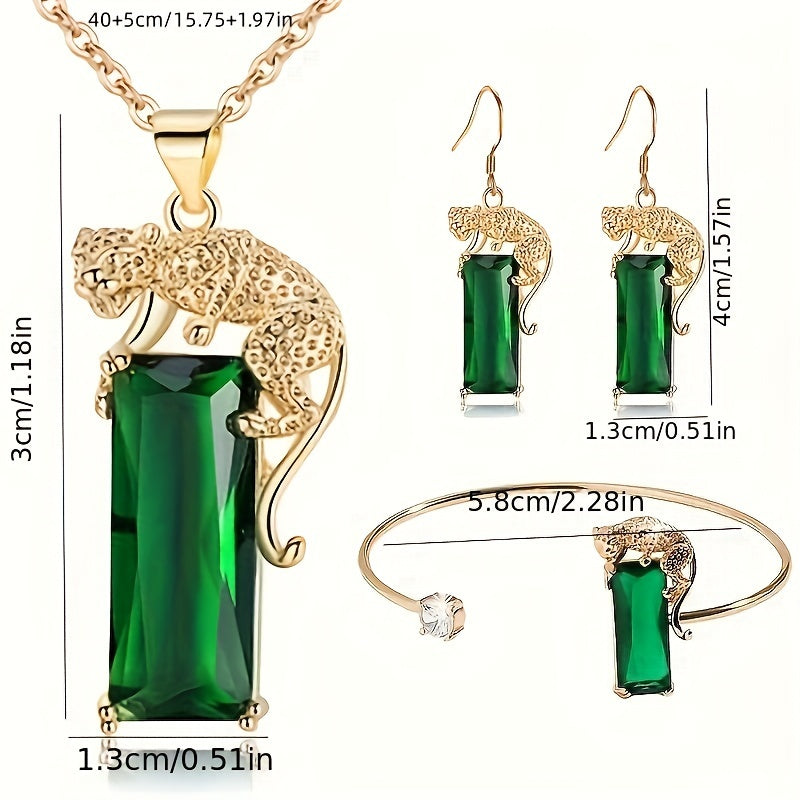 Green zirconia inlaid rectangle leopard design copper jewelry set that includes 1 pair of dangle earrings, 1 necklace, and 1 bracelet - a unique and stylish personality gift.