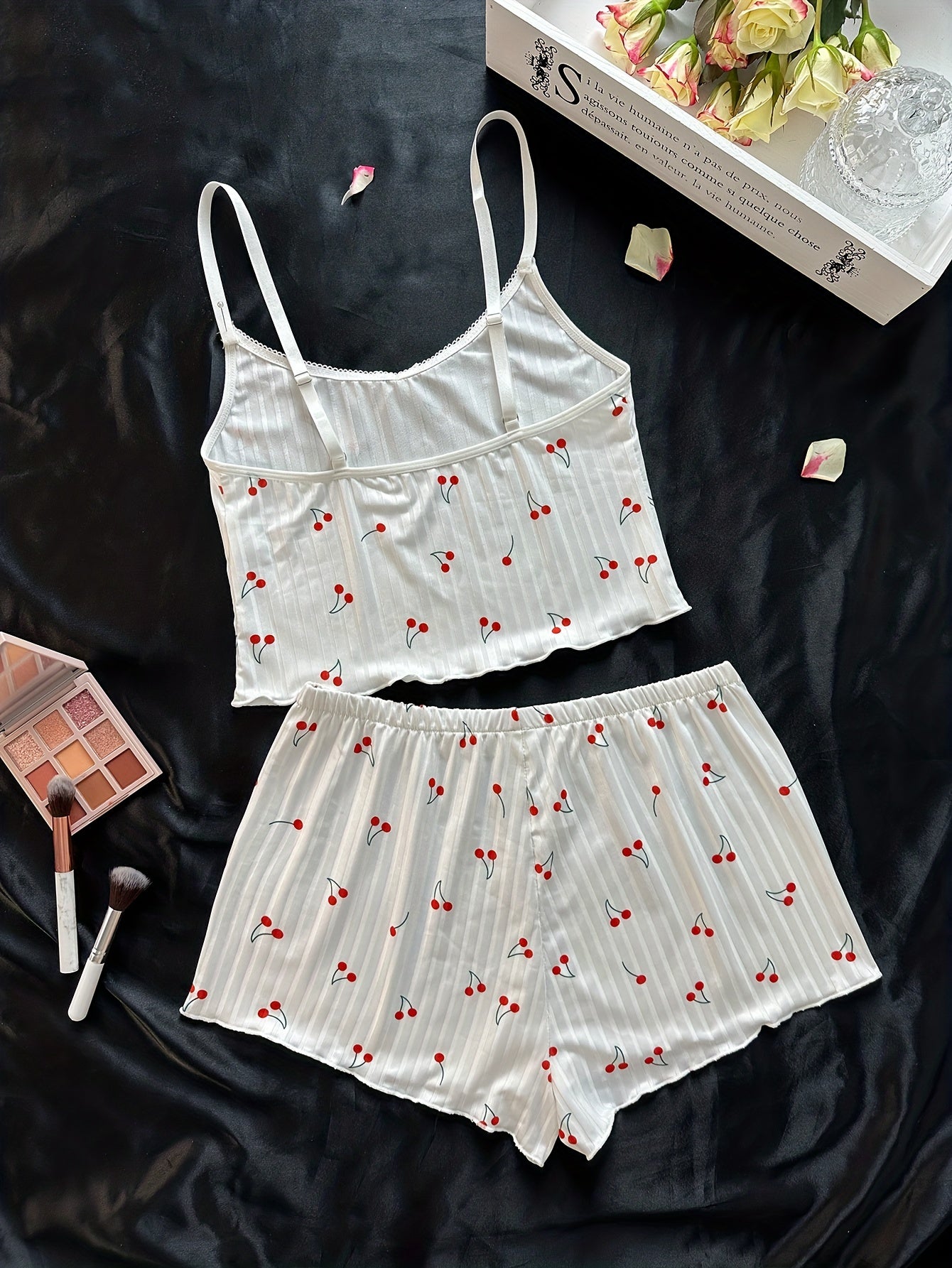 Cami top and shorts set with cherry print, perfect for sleep and lounge wear.