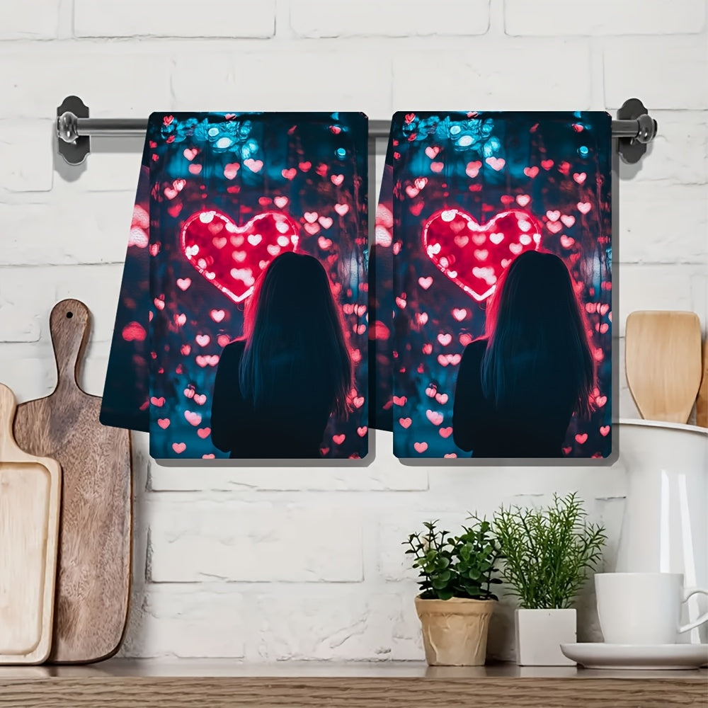 This bundle includes a set of two ultra-soft kitchen towels, ideal for enhancing your holiday decor with their concert wave heart lights design. These towels are highly absorbent, easy to clean in the washing machine, and measure 40.64x60.96 cm.