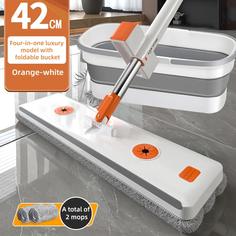 Get the ultimate cleaning tool with the Stainless Steel Flat Mop and Long Handle Set Bucket. This multi-surface wet and dry floor cleaning system includes a durable rotating mop, along with cleaning supplies and tools for kitchen, bathroom, living room