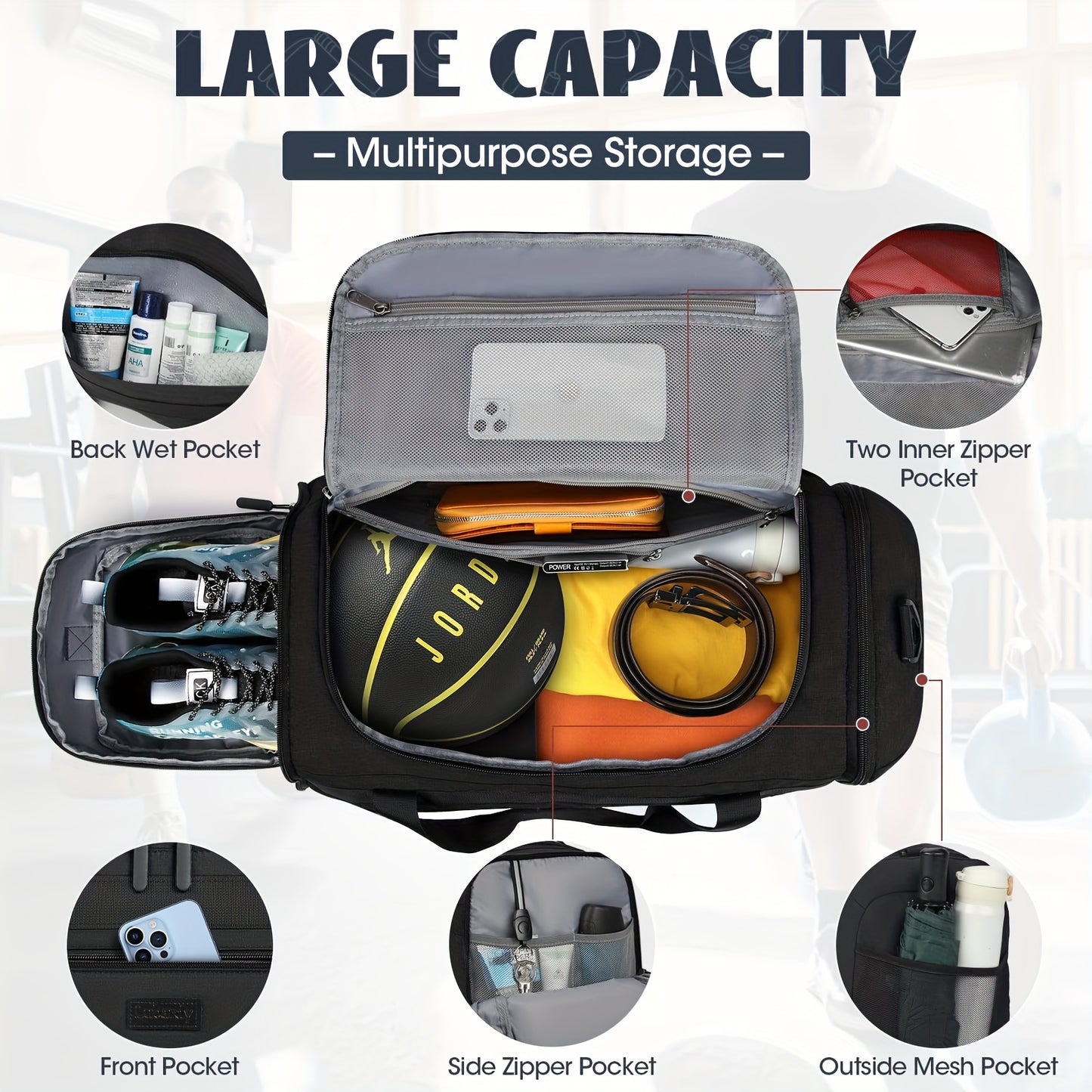 1pc Fashionable Gym Bag for Men, 40L/55L with Shoe Compartment and Wet Pocket, Lightweight Waterproof Travel Handbag.