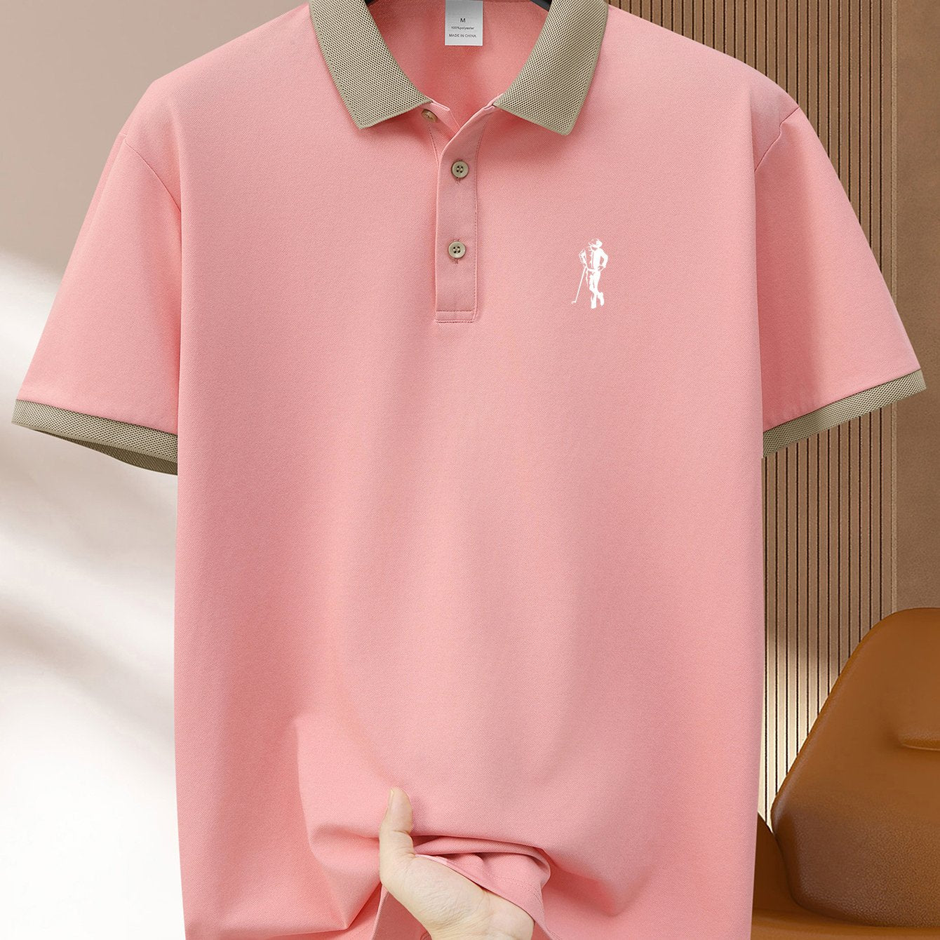 New hot selling khaki collar pink fashion shirt with short sleeves and turnover style, suitable for mature men. Features printed design and micro-comfortable fabric, perfect for outdoor