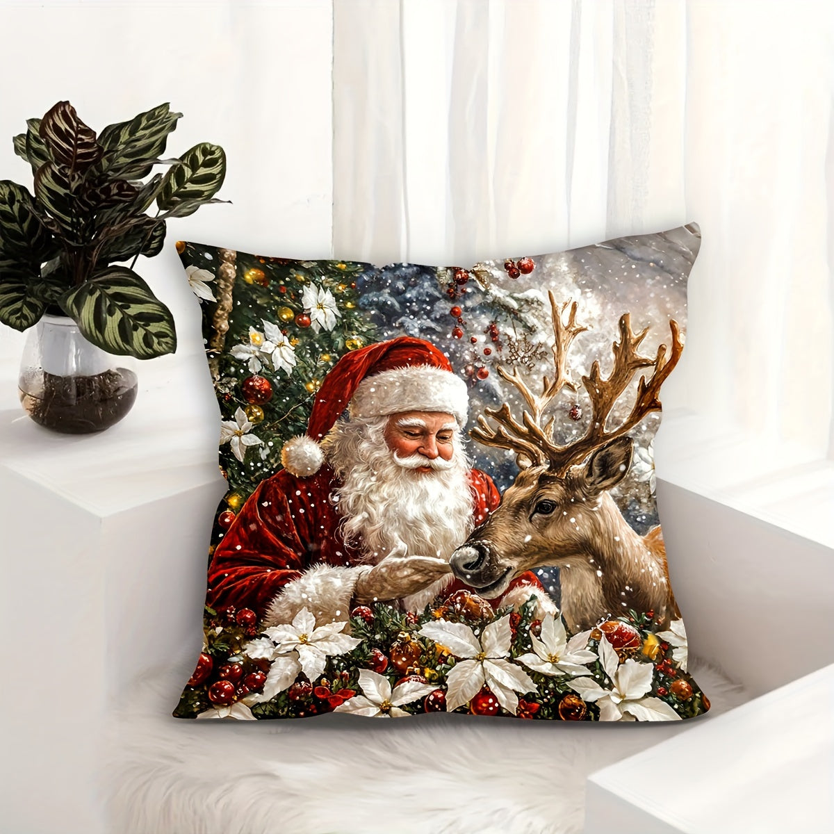 Modern Christmas Santa and Reindeer Pattern Soft Velvet Throw Pillow Cover with Zipper Closure - 44.96x44.96 cm, Machine Washable, Single-Side Print, Polyester - 1pc