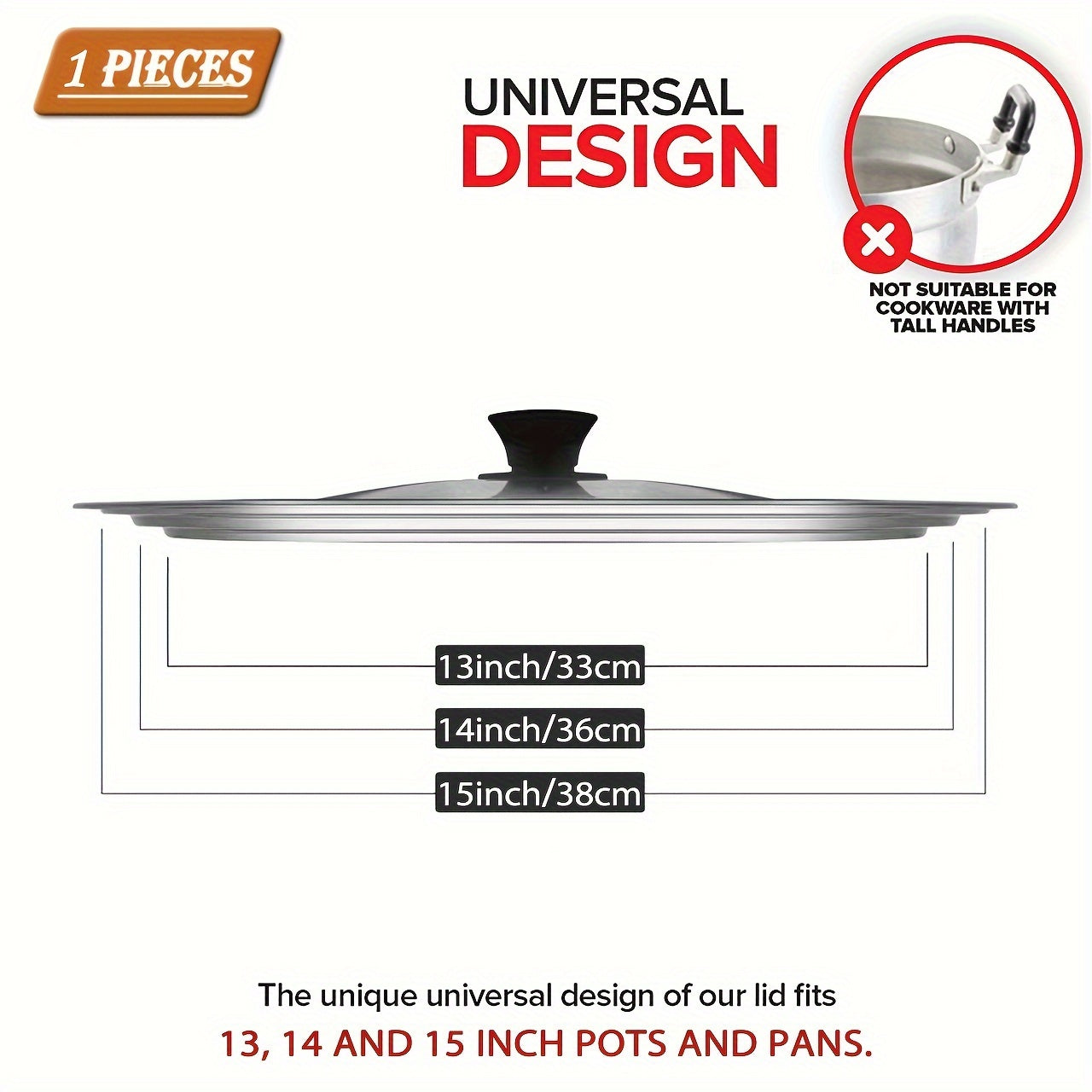 Universal Pot Lid - Fits Pots, Pans, and Skillets with Diameter from 21.59cm to 38.1cm. Made of Tempered Glass. Replacement Lid for Kitchen Supplies and Cookware Accessories. Available in 1 or 2 pieces.