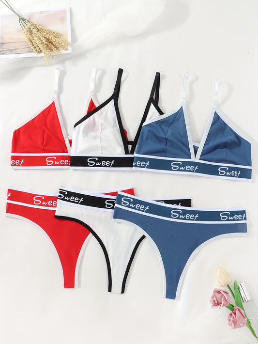 3-piece sporty lingerie set for women includes triangle cup bra, thong, and panties made of breathable polyester blend, non-see-through material suitable for active movement.