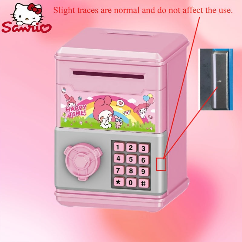 The Sanrio Mini Password Coin Bank is a high-value jar for coins and banknotes, featuring a cute cartoon design of Curly Melody with an educational self-aware password lock.