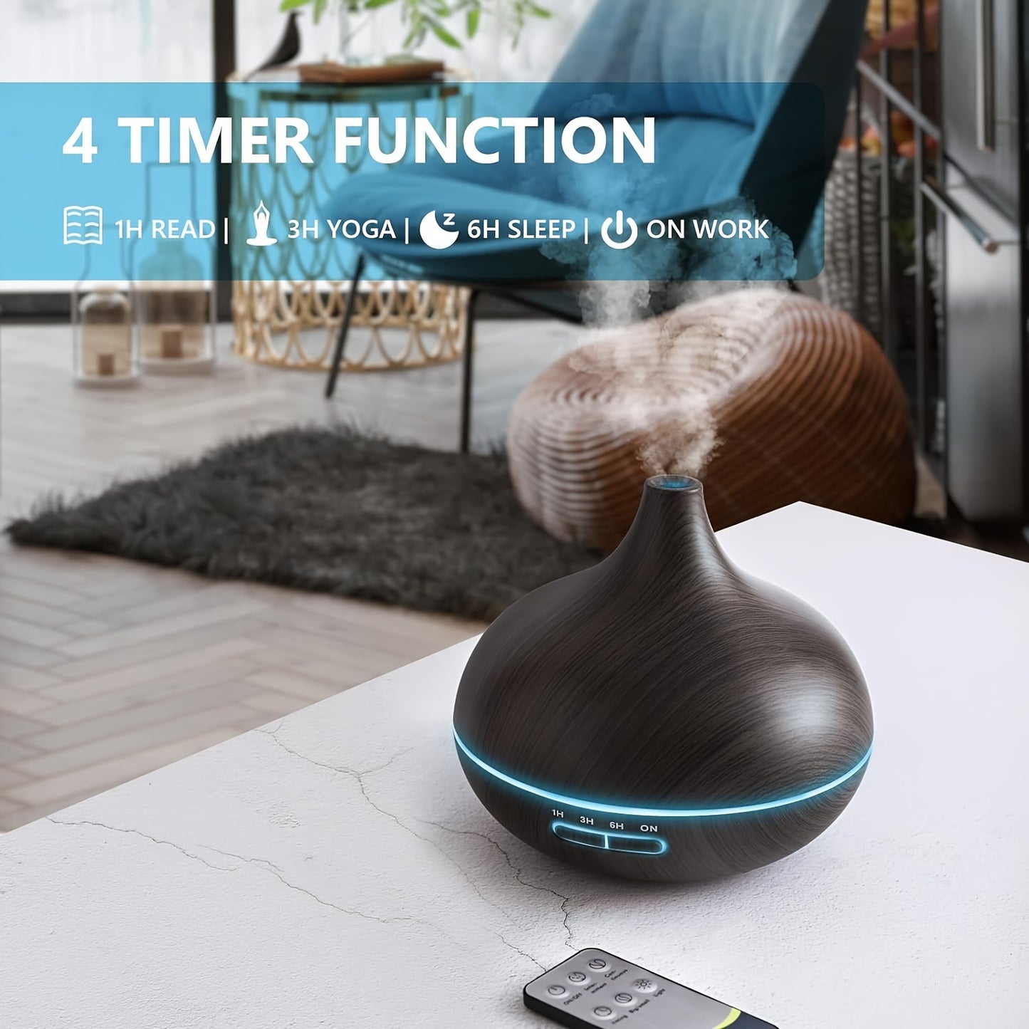 550ml Ultrasonic Essential Oil Diffuser with Remote, USB Powered, Auto-Off Timer, Nightlight, Power Failure Protection, Atomization Mode; for Large Room Home Use.