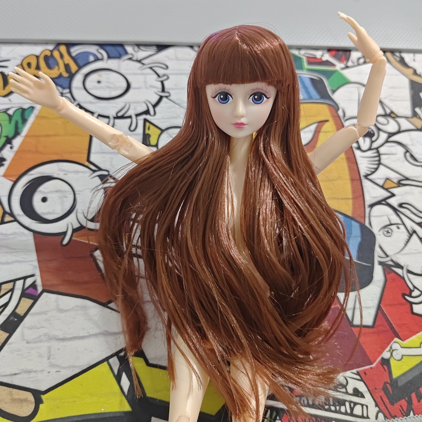 30cm doll with 20 joints, plain body, 2D painted real eyes, straight hair with bangs. DIY material for toy accessories.