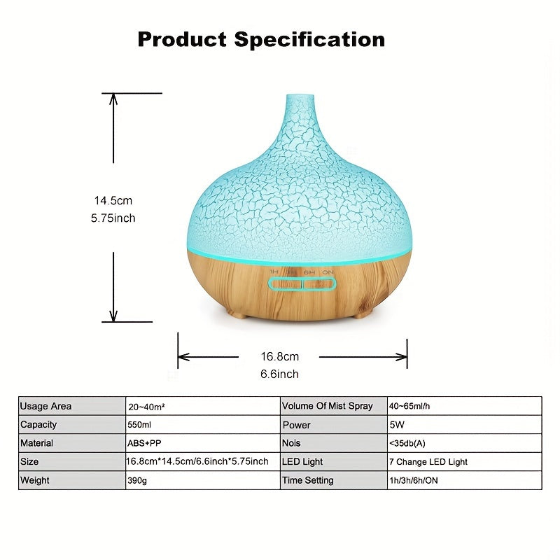 550 мл ультразвуковой аромадиффузор с 7 светодиодными цветами, работающий от USB для дома или офиса - диспенсер для масла с функцией таймера