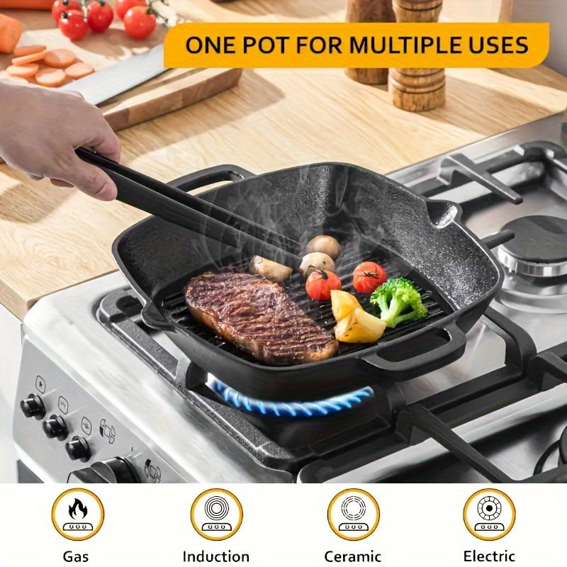 Square Striped Steak Pan: Durable Cast Iron, Non-Stick Coating, Oven-Safe Skillet for Gas & Induction Stoves - Ideal for Autumn Grilling Outdoors