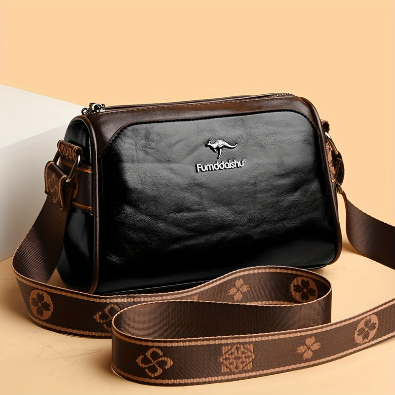 Water-resistant crossbody bag for women with adjustable strap, zipper closure, and polyester lining.