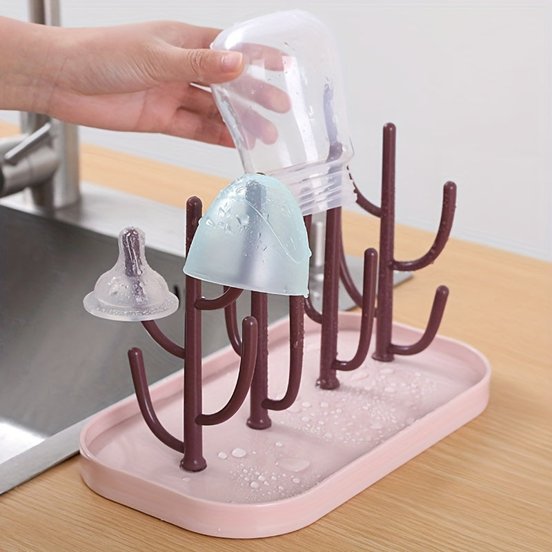 ABS+PP Cactus-shaped Bottle Drying Rack, versatile detachable rack for bottles, water cups, and draining bottles.