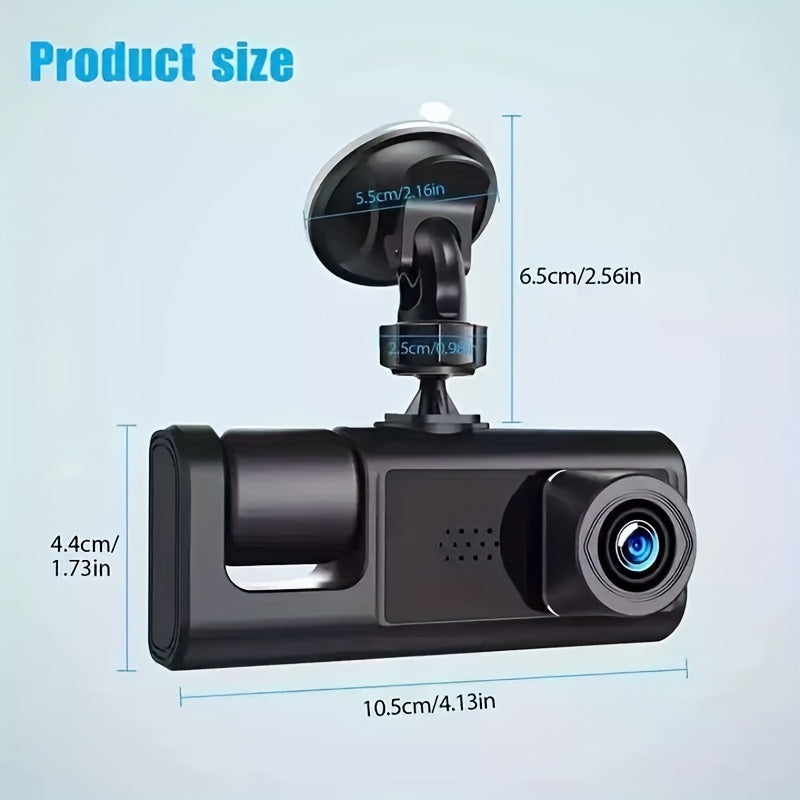 3-camera HD dash cam with 5.08cm screen, front & rear view, rechargeable battery, easy suction cup mount for cars, PC compatible, sleek design, and rechargeable device.