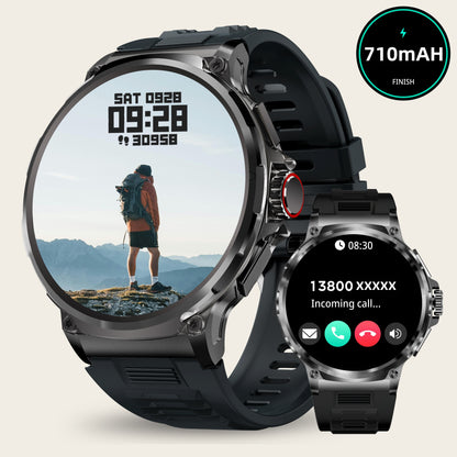 TIZOOP Outdoor Smart Watch features a 4.7cm HD display, 710mAh long-lasting battery, 100+ sports modes, step tracking, activity reports, and water resistance for both Android and iOS phones.