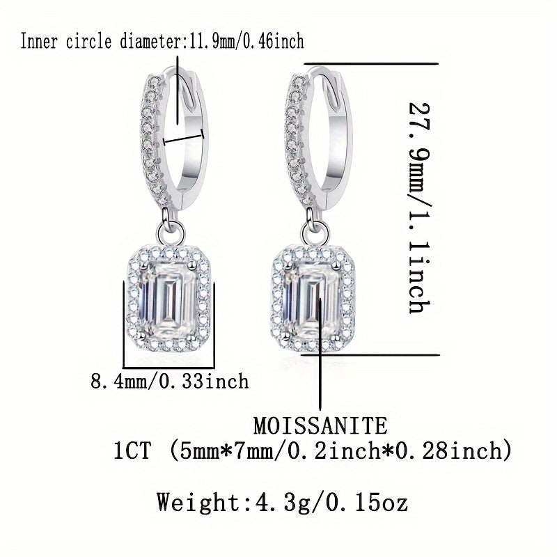 S925 Silver Women's Elegant Earrings with 1 Carat Rectangular Moissanite, Bohemian Luxurious Jewelry, April Birthstone. Featuring Moissanite Setting and 925 Silver Plating, perfect for Daily Wear, Wedding Wear, and all seasons. Comes in a Gift Box, ideal