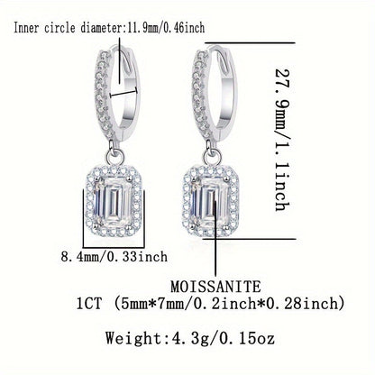 S925 Silver Women's Elegant Earrings with 1 Carat Rectangular Moissanite, Bohemian Luxurious Jewelry, April Birthstone. Featuring Moissanite Setting and 925 Silver Plating, perfect for Daily Wear, Wedding Wear, and all seasons. Comes in a Gift Box, ideal