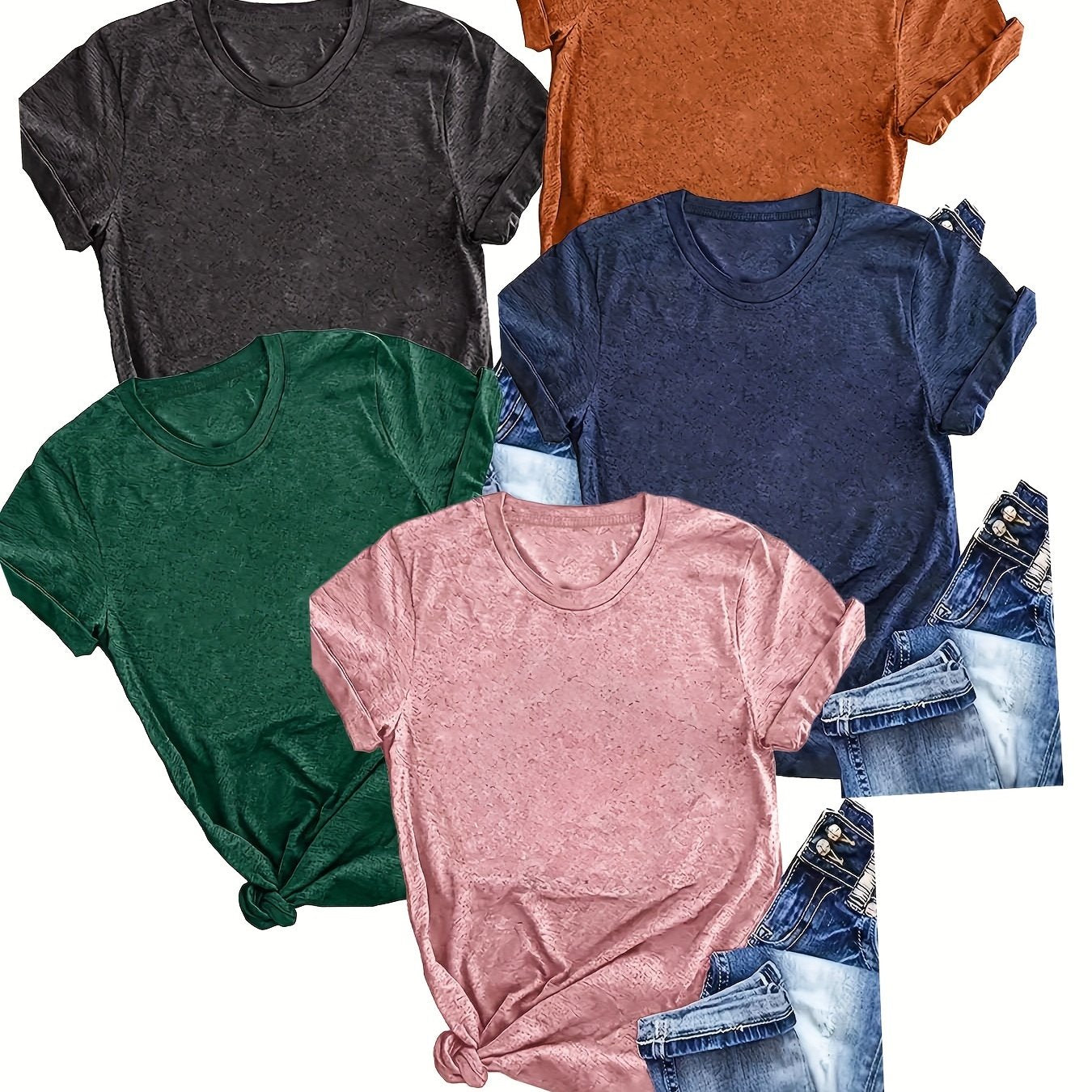 5-Pack Women's Casual Crew Neck T-Shirts, Solid Color Short Sleeve Summer Tops made from Polyester Knit Fabric with Slight Stretch